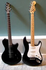 Both the North America-built Godin LG (left) and the Squier Stratocaster (right) are solid-body electric guitars, but they differ significantly in design, including scale length, neck woods, body woods, and pickup type.