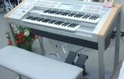 The right pedal on this Yamaha Electone is the volume pedal, which incorporates toe switches that allow the performer to achieve various effects; the left pedal is purely an effects pedal that may be programed to achieve many different effects as described in the preceding section.