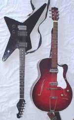 Left: Rosa Hurricane, a heavy metal-style solid body guitar.Right: Maton Freshman, a hollow body electric guitar.