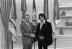 President Nixon and Presley in a brief meeting in December, 1970 during which a reportedly[citation needed] prescription drug-impaired Presley offered his assistance in a national effort against drug abuse.